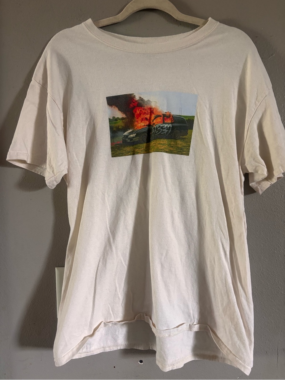 Obey Cream Short Sleeve Tee with Burning Car Graphic